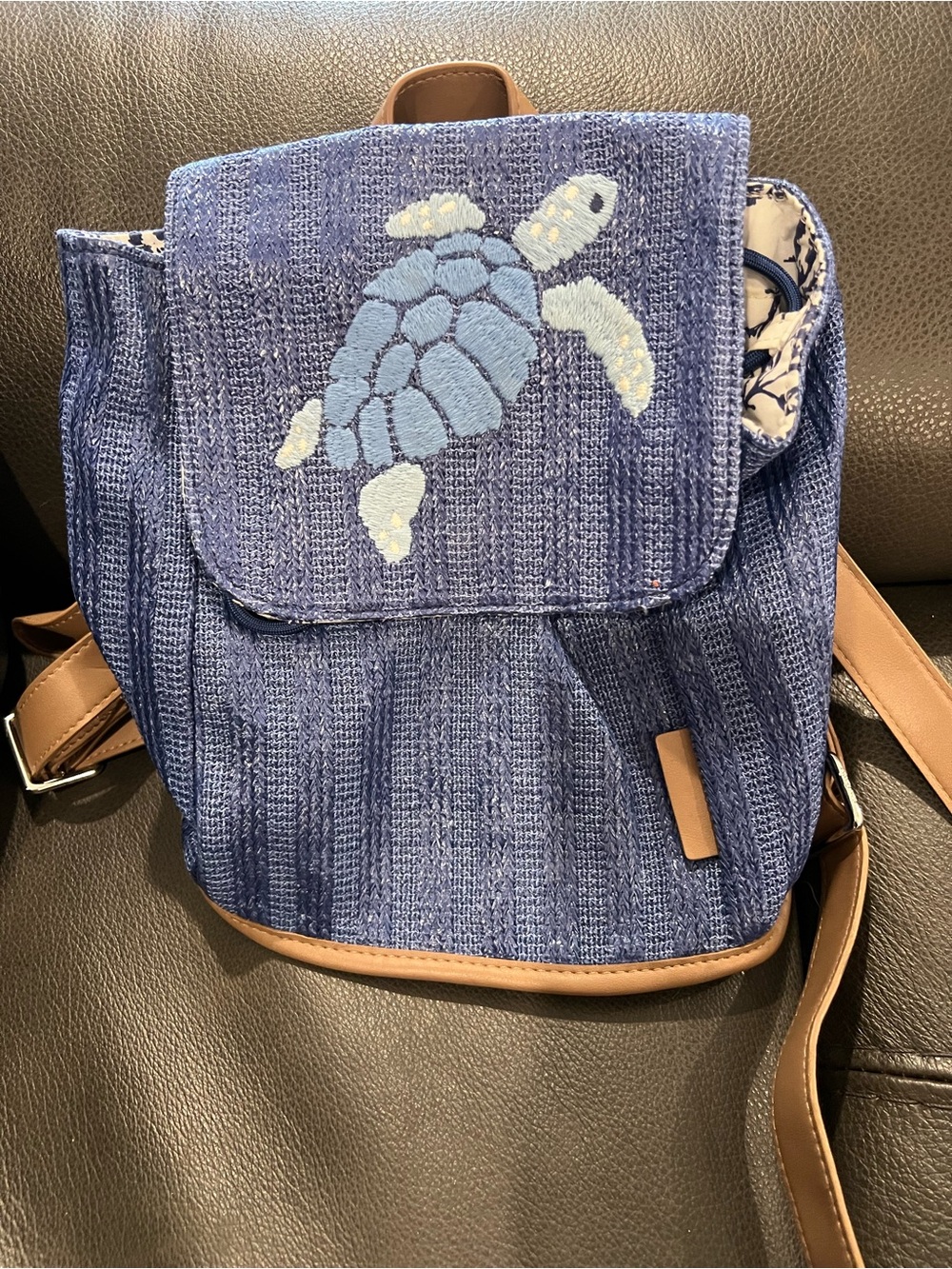 Vera Bradley Small Blue Turtle Embroidered Backpack with Tan Trim